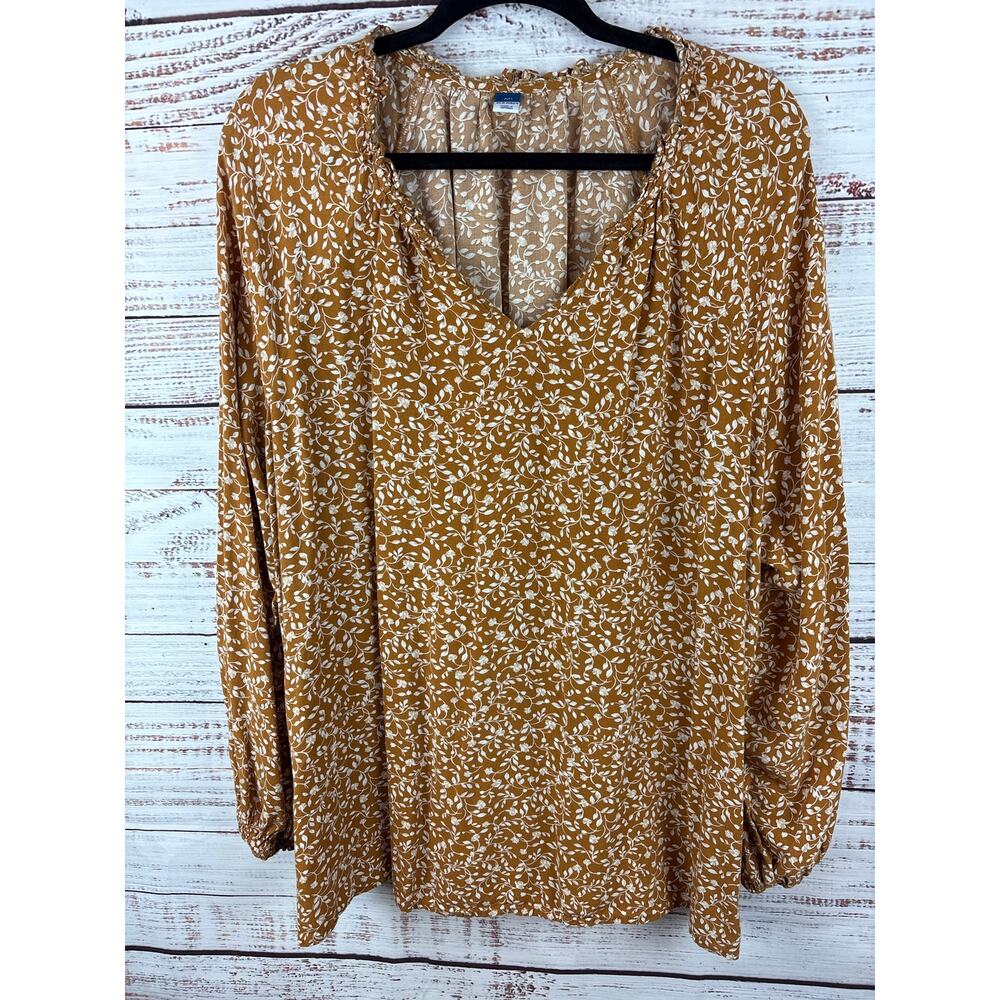 Womens Old Navy Mustard Yellow Floral V Neck Flowy Tunic Blouse Boho XXL TALL